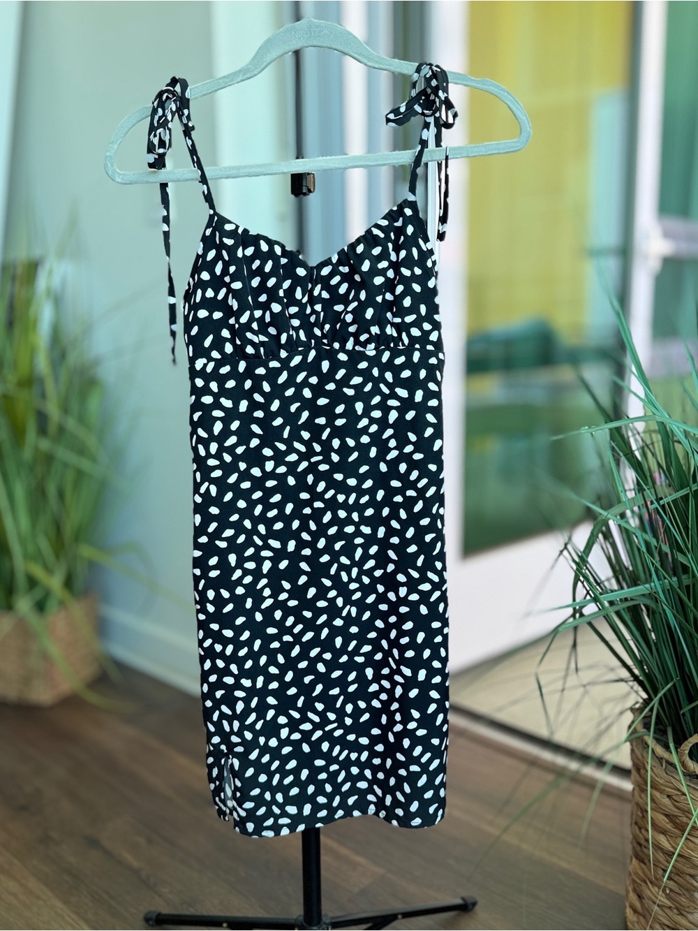 Black & White Tie-Shoulder Polka Dot Dress